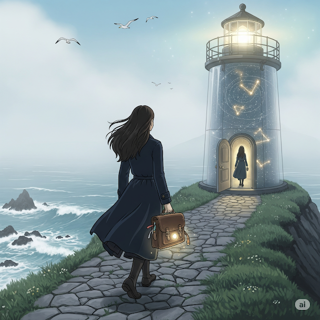 Woman approaches glowing lighthouse on foggy ocean cliff