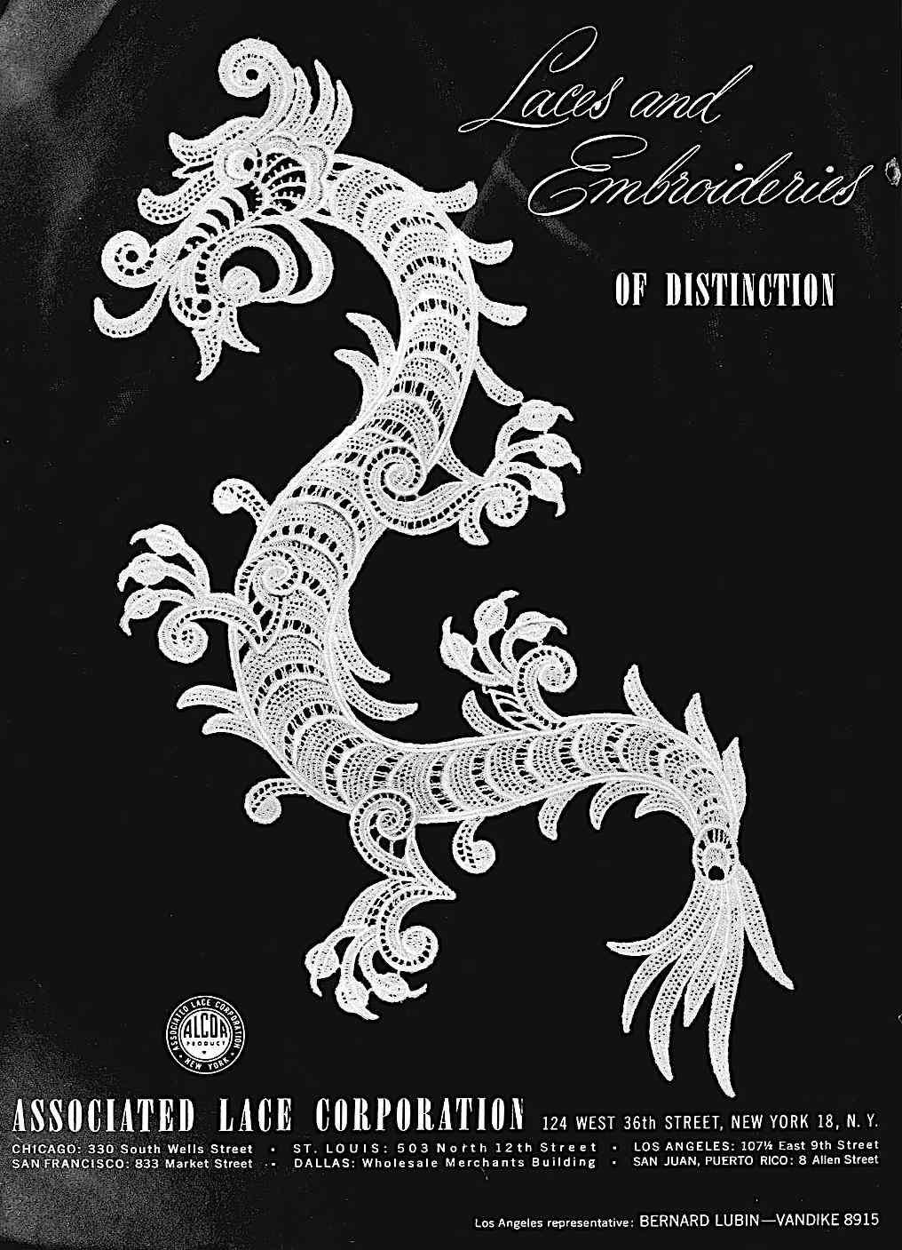 an advertisement for a 1937 lace company, Associated Lace Corporation, a lace dragon