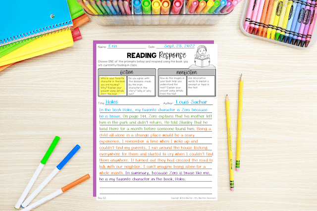 Photo of reading response page with partial response.