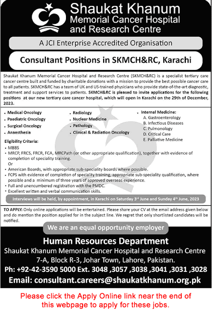 Medical Consultant Jobs in Shaukat Khanum Hospital Karachi May 2023 Apply for Online SKMC&RC Latest jobs