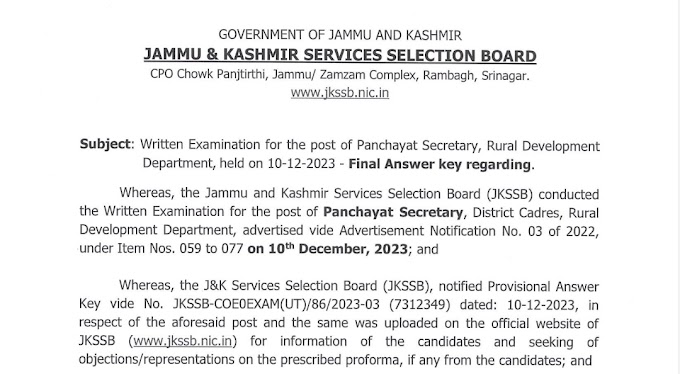 JKSSB Panchayat Secretary Exam 2023: Final Answer Key Released