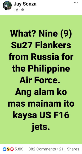 A Screenshot of Jay Sonza's Post on Facebook about Russian Flanker Aircraft for the Philippines