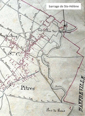 Le port de Poses à Pîtres. Extrait  du  cadastre  de Pitres de 1825 et cours navigable de l'Andelle