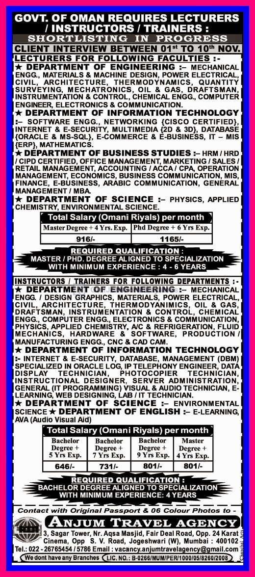 Vacancies for Govt. of Oman