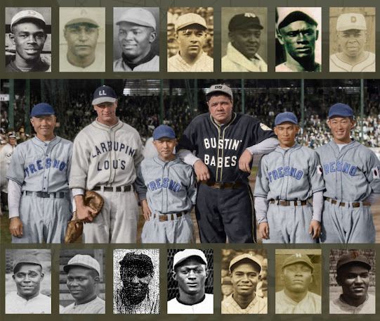 Montage Image: Background - Fresno Athletic Club Japanese American all-stars with Lou Gehrig and Babe Ruth; Overlay: Negro Leaguers who competed against Japanese American baseball teams.