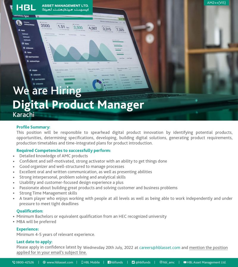 HBL Asset Management Limited Jobs For Digital Product Manager