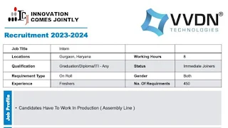 ITI, Diploma, and Graduate Freshers Job Openings at VVDN Technologies Gurgaon: Apply Online for Male and Female Candidates