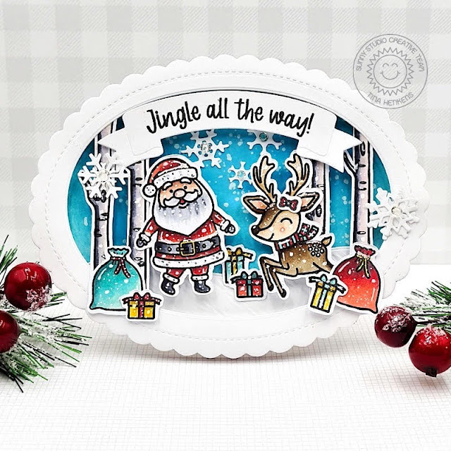 Sunny Studio Stamps: Brilliant Banner Die Focused Christmas Card by Tina Henkens (featuring Scalloped Oval Mat Dies, Reindeer Games, Santa Claus Lane)