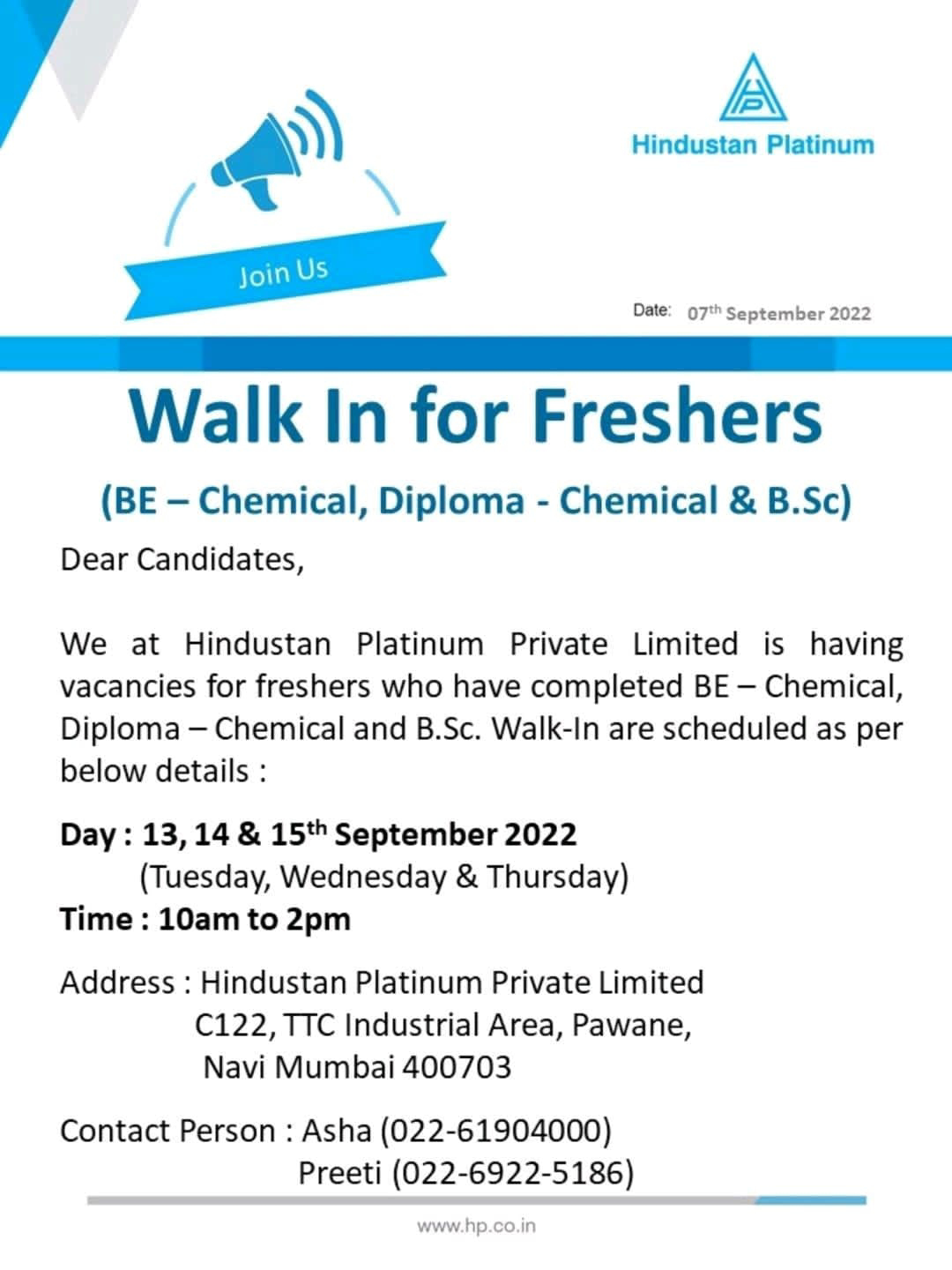 Job Available's for Hindustan Platinum Pvt Ltd Walk-In Interview for Fresher's in BE/ Diploma Chemical/ BSc