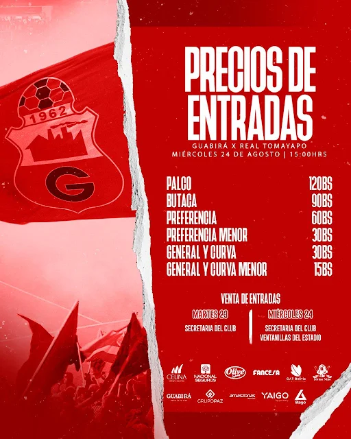 PRECIO DE ENTRADAS! ✍🏼❤️ ✅ Fecha 12 #DPFB 🇧🇴 🆚 Real Tomayapo 🏟 Gilberto Parada 📍 Montero 📅 Miércoles 24/08 ⏰ 15:00
