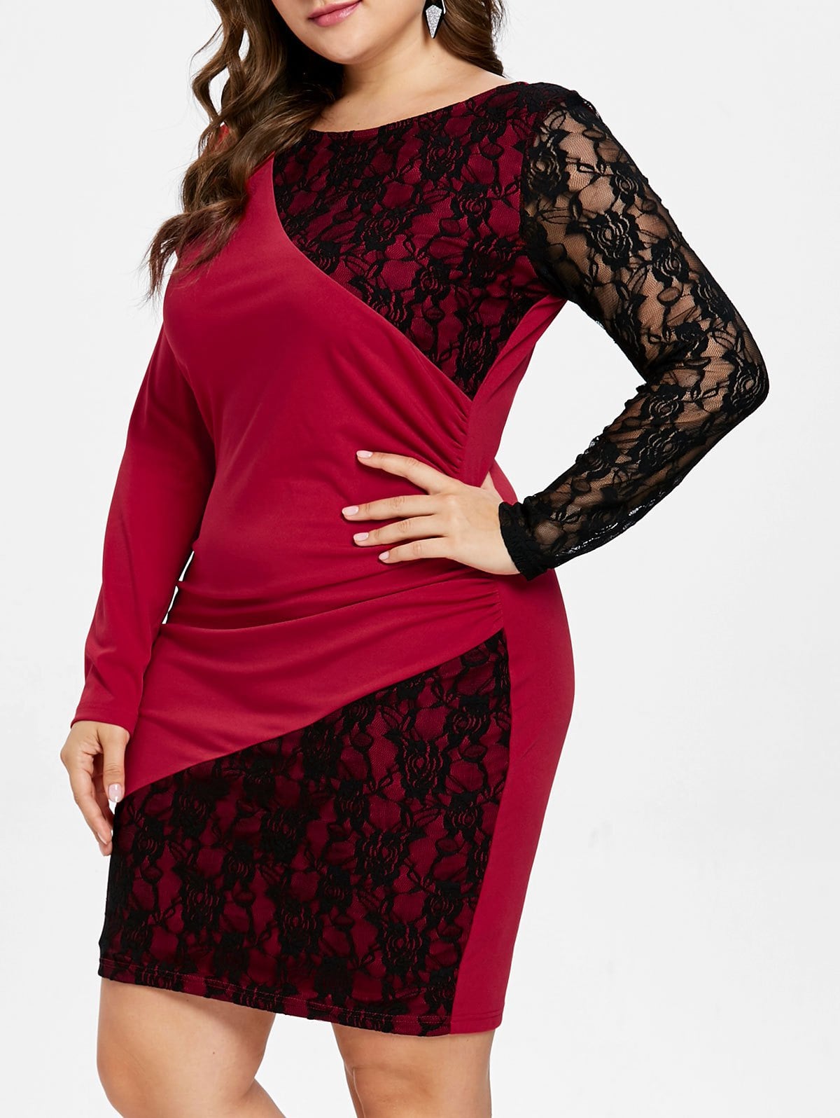 Long Sleeve Lace Panel Plus Size Knee Length Dress