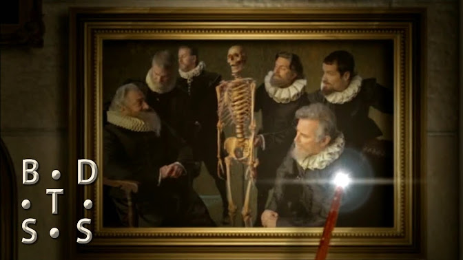 showing six mans with a skeleton in the portrait.