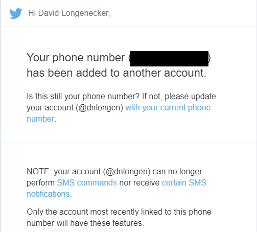 Twitter enables SMS features only for the account most recently linked to a phone number.