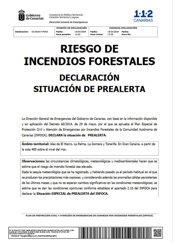 Declaración de Prealerta por Riesgo de Incendio Forestal (Gobierno de Canarias).