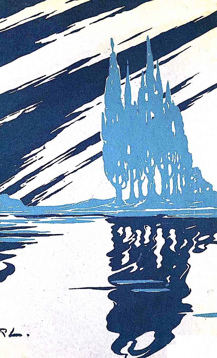 a Stella Langdale illustration for the end pages of a book, with sky and water in blue