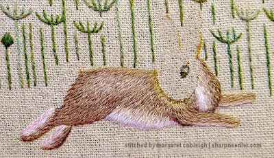 Embroidered body of hare from Jenny McWhinney's Queen Anne's Lace