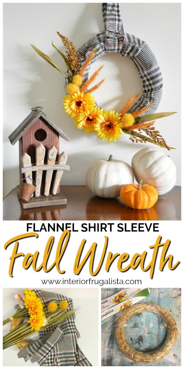 How to make an easy fall wreath with recycled flannel shirt sleeves and dollar store fall floral picks. Even the shirt collar is a wreath hanger! #flannelshirtupcycle #diyfallwreath