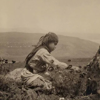 فتاة فلسطينية تقطف أزهار الربيع بجبال الجليل وتلبس لباس الفتيات في منطقة الجليل في عام1933