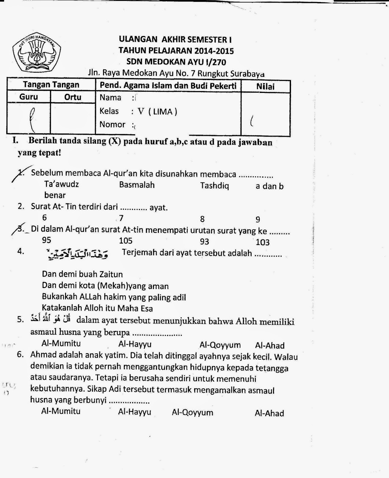 UAS Semester Ganjil Agama Islam Kelas 5 SD TA 2014 2015