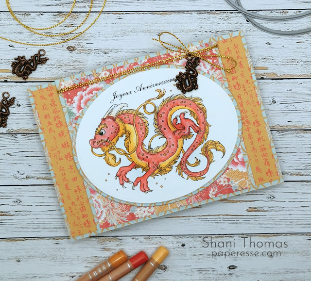 Year of the Dragon birthday card featuring Whimsy Stamps Chinese Dragon digi, colored with Caran d'Ache Luminance 6901 pencils, by Paperesse.