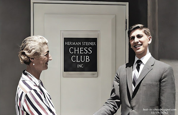 Jacqueline Piatigorsky and Bobby Fischer at the Herman Steiner Chess Club, 1961.