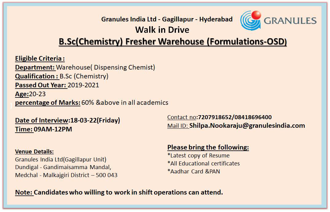 Job Availables,Granules India Ltd Walk-In-Interview For BSc Chemistry -Freshers