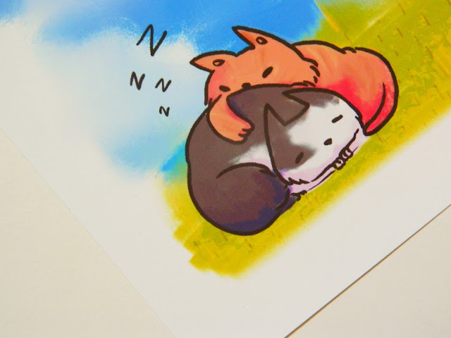 A close up of two sleeping cats, one is ginger, then other is black and white, from a custom pet art comission