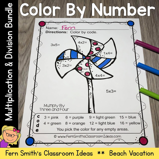 Click Here for the Color By Number Multiplication and Division Beach Vacation Fun Printable Worksheets Resource BUNDLE