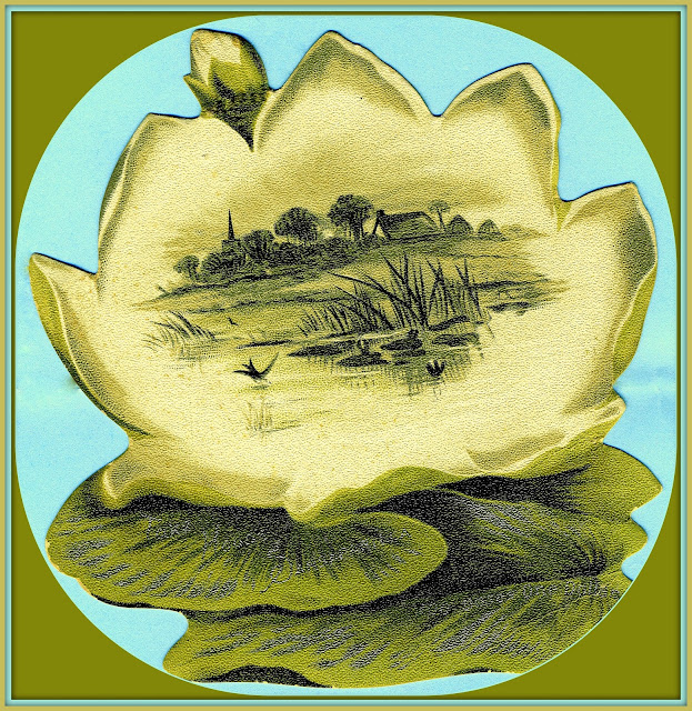marshy landsape painted on water lily advertising Hood's Sarsaparilla