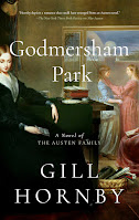 Book cover: Godmersham Park by Gill Hornby. Cover shows a young lady in dark period clothes in the foreground, while young ladies in lighter colours are in the background outside.