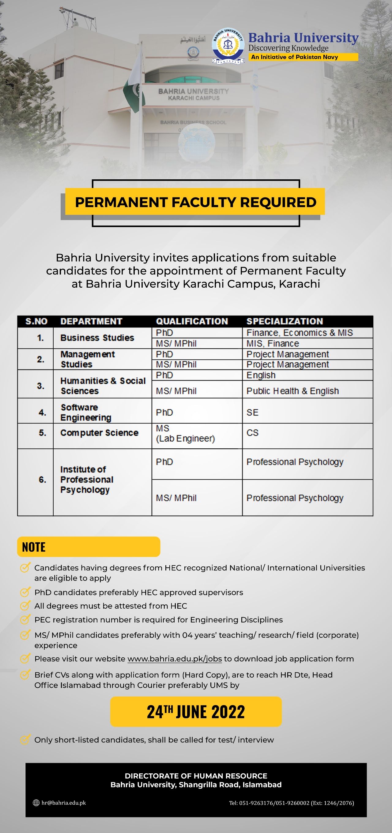 PERMANENT FACULTY REQUIRED In Bahria University
