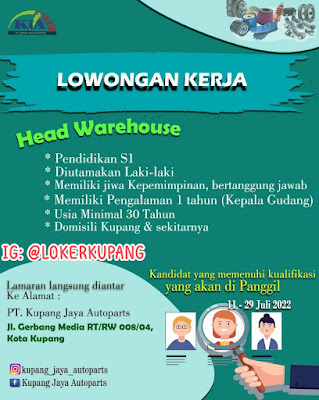 Lowongan Kerja PT Kupang Jaya Autoparts Sebagai Head Warehouse
