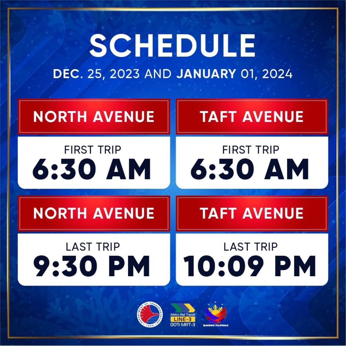 MRT  train schedule for December 25, 2023 and January 1, 2024