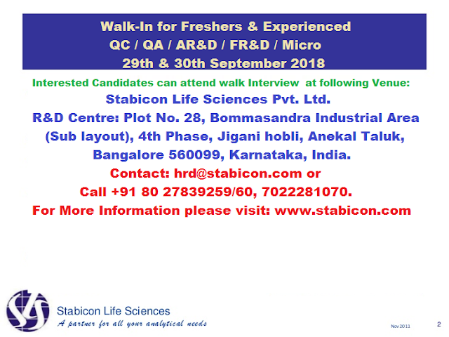 Stabicon Life Sciences | Walk-In for Freshers & Experienced | 29th & 30th September 2018 | Bangalore 