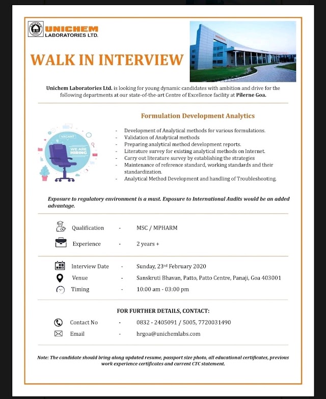Unichem Labs | Walk-in for Development Analysis on 23 Feb 2020 | Goa