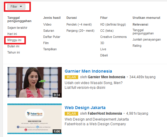 atur filter untuk menampilkan hasil video terbaru di youtube