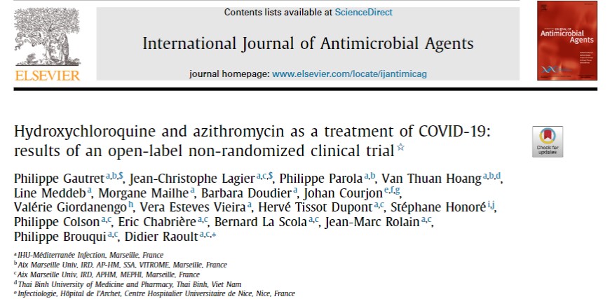 Captura de pantalla del artículo Hydroxychloroquine and azithromycin as a treatment of COVID-19: results of an open-labelnon-randomized clinical trial