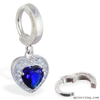 Silver Tummytoys sleeper belly ring with dangling blue CZ heart, 14 ga