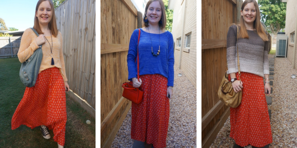 3 ways to wear a red printed maxi skirt in winter with knits | awayfromtheblue