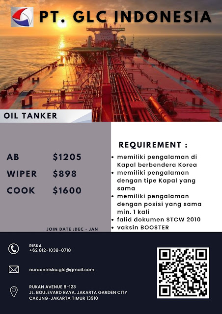 Info Lowongan Kerja AB, Wiper, Cook di Kapal Oil Chemical Tanker