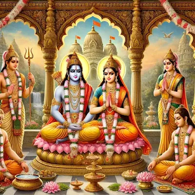 Married couples performing prayers on Shravan Putrada Ekadashi.
