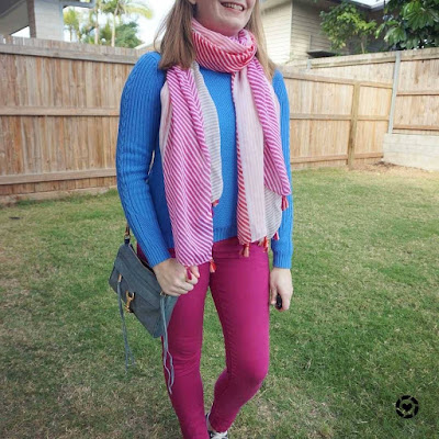 awayfromtheblue Insgrama | blue and pink skinny jeans knit jumper striped scarf colourful winter school run outfit