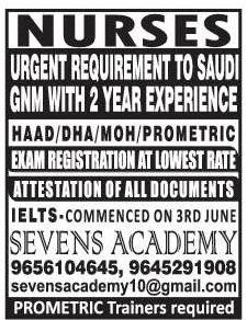 Nurses Urgently required for Saudi