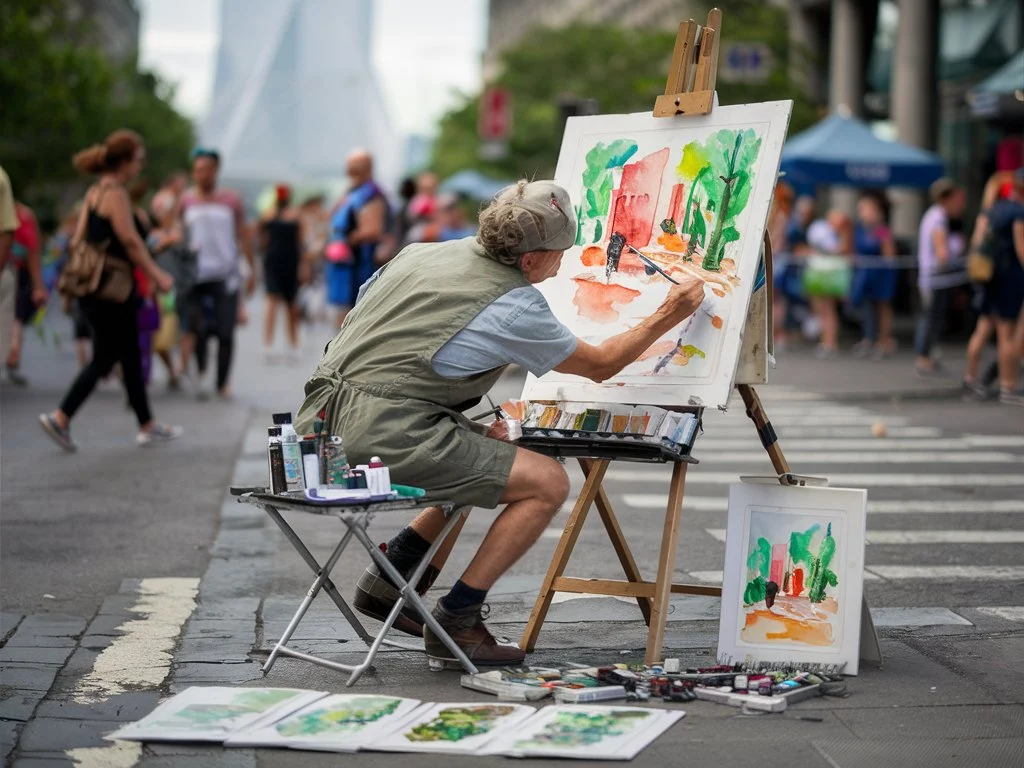 artista pintando y vendiendo acuarelas en la calle