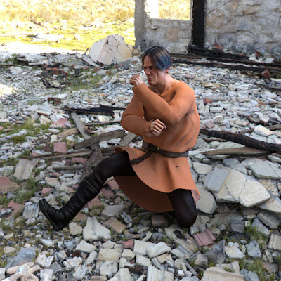 Man in pawn dress dances in the morning sun on rubble