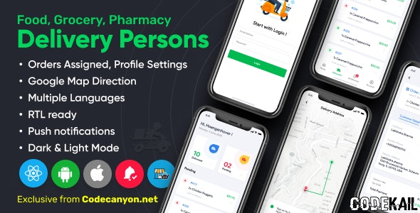 Delivery Person for Food, Grocery, Pharmacy, Stores React Native - Wordpress Woocommerce App V2.3.0