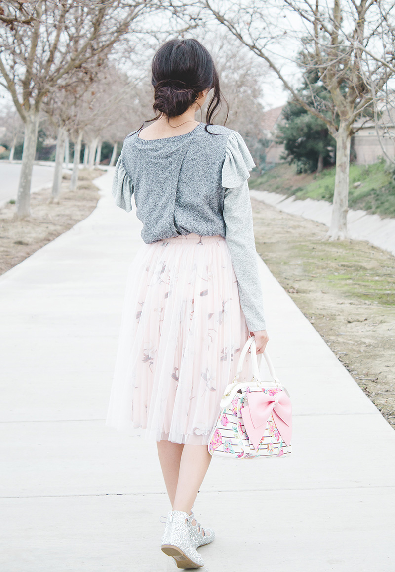 ruffle sweater refashion modest outfit back view