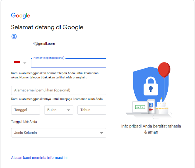 Form pengisian nomer hp dan tanggal lahir bulan tahun untuk akun google