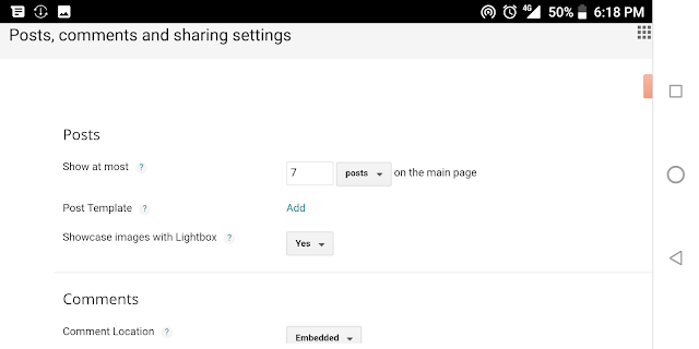 Posts, comments and sharing settings in BlogSpot