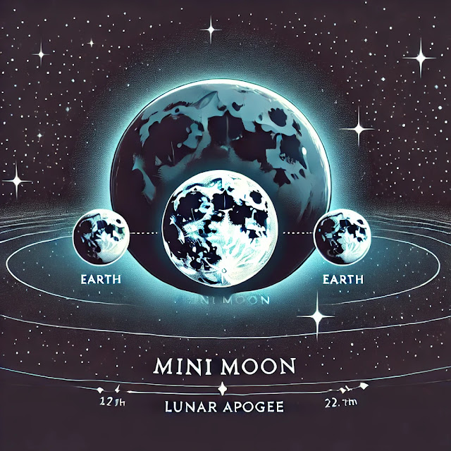 "Illustration of the Mini Moon event, showing the Moon at its farthest distance from Earth in its orbit. The image highlights the smaller and dimmer appearance of the Moon against a dark night sky, with Earth and Moon positions labeled to indicate the lunar apogee during the 2024 event."